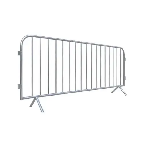 A single galvanized steel crowd control barrier standing on a plain white background.