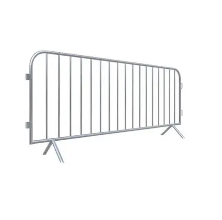 A single galvanized steel crowd control barrier with a low bridge foot, standing on a plain background.